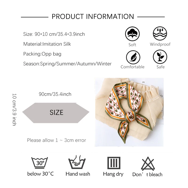 Новый женский однотонный платок с принтом, украшение для волос, повязка на голову, маленький Узкий Шелковый шарф с лентой, облегающий шарф