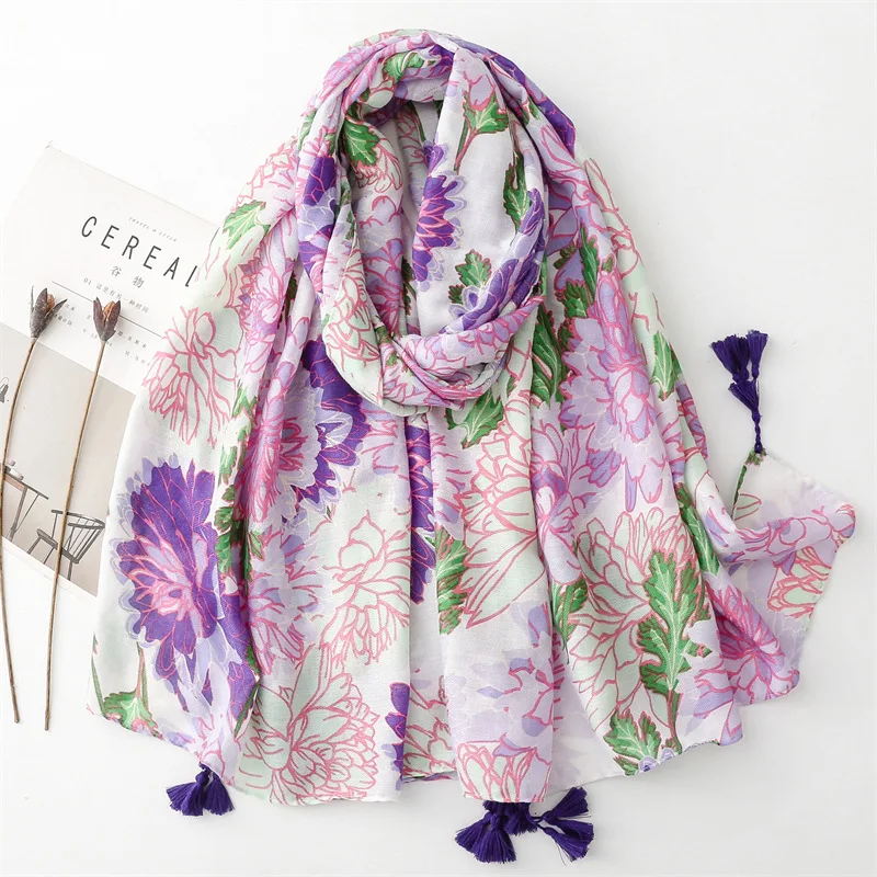 2024 Purple Bright Flowers Silk scarf Women Sprin Autumn Travel Sun Protection Shawl Summer Beach Holiday Scarf