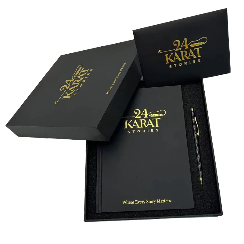 Notebooks Gold Foil Logo Cardboard Gift Packaging Rigid Box For A4 A5 A7 Stationery Diary With Pen Set Journal Notebook Custom