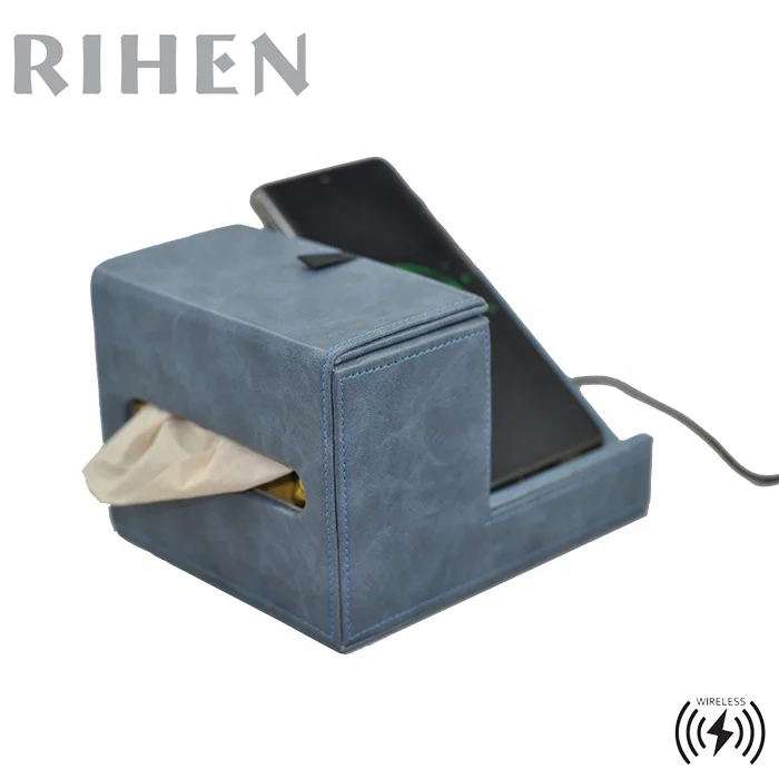 
10W Wireless charging station and power station with Tissue Box PU Leather desktop organizer 