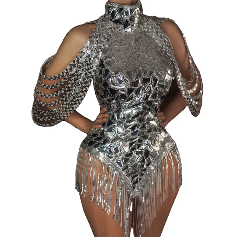 Sparkly Halter Backless Silver Sequins Tassel Mini Club Dress Sexy Showgirl Dance Stage Performance Costume Women Party Dress (1600518432014)