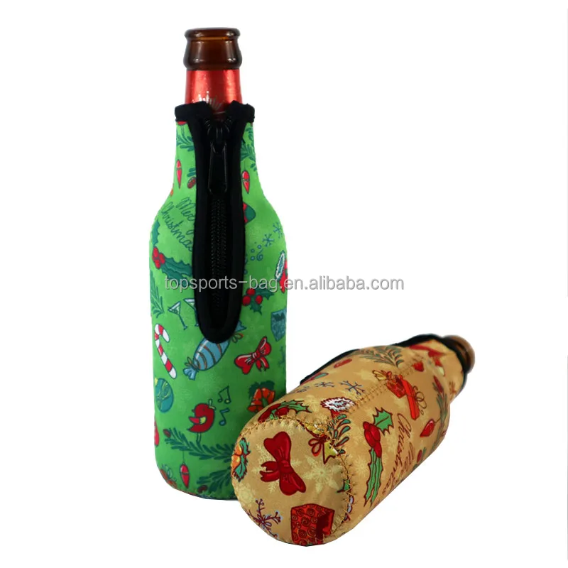 Full Sublimation Zipper Closure Neoprene Beer Bottle Holder Christmas Beer Bottle Insulator Sleeve
