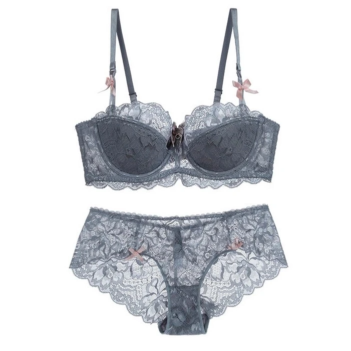 Bowknot panty bra embroidered lace underwire push up soft bra set