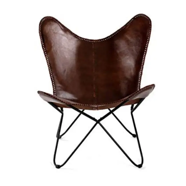 Industrial & vintage Iron Metal & Genuine Leather Butterfly easy chair