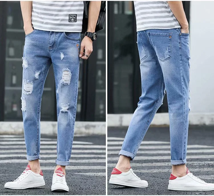 Dropshipping Ripped Nine Points Jeans Boys Men Man Boy Fashion Trend Slim Skinny All-match Jeans Pants Factory