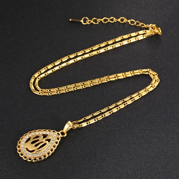 NK-200504 Teardrop Allah Islam Religious Totem Pedant Jewelry Rhinestone Inlay Hollow Muslim Prayer Necklace for Wholesale