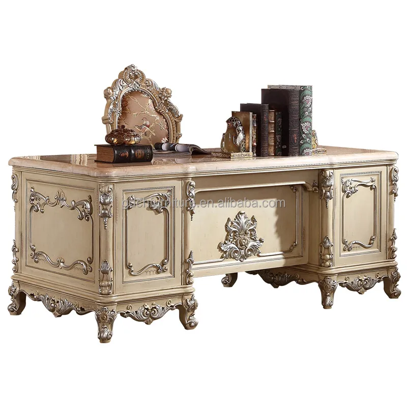 European Style Solid Wood Desk Classic Home Office Funiture Antique Hand Carved Marble Study Tables