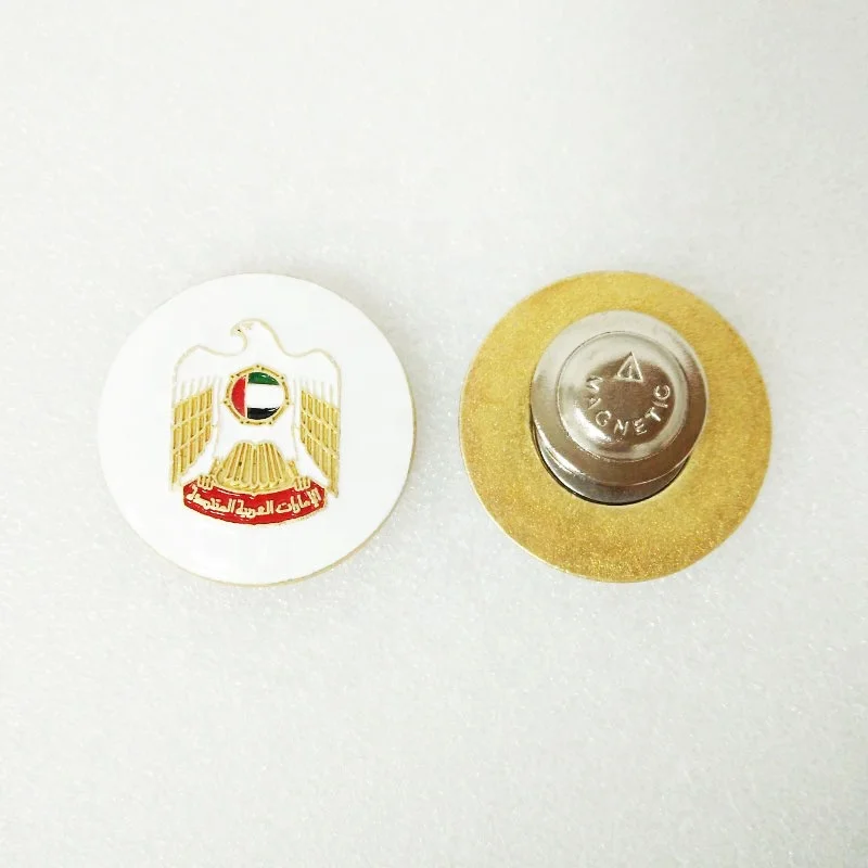 emblem of the United Arab Emirates 52 ND UAE falcon eagle curved circle shape metal die casted white colour magnetic pin badge