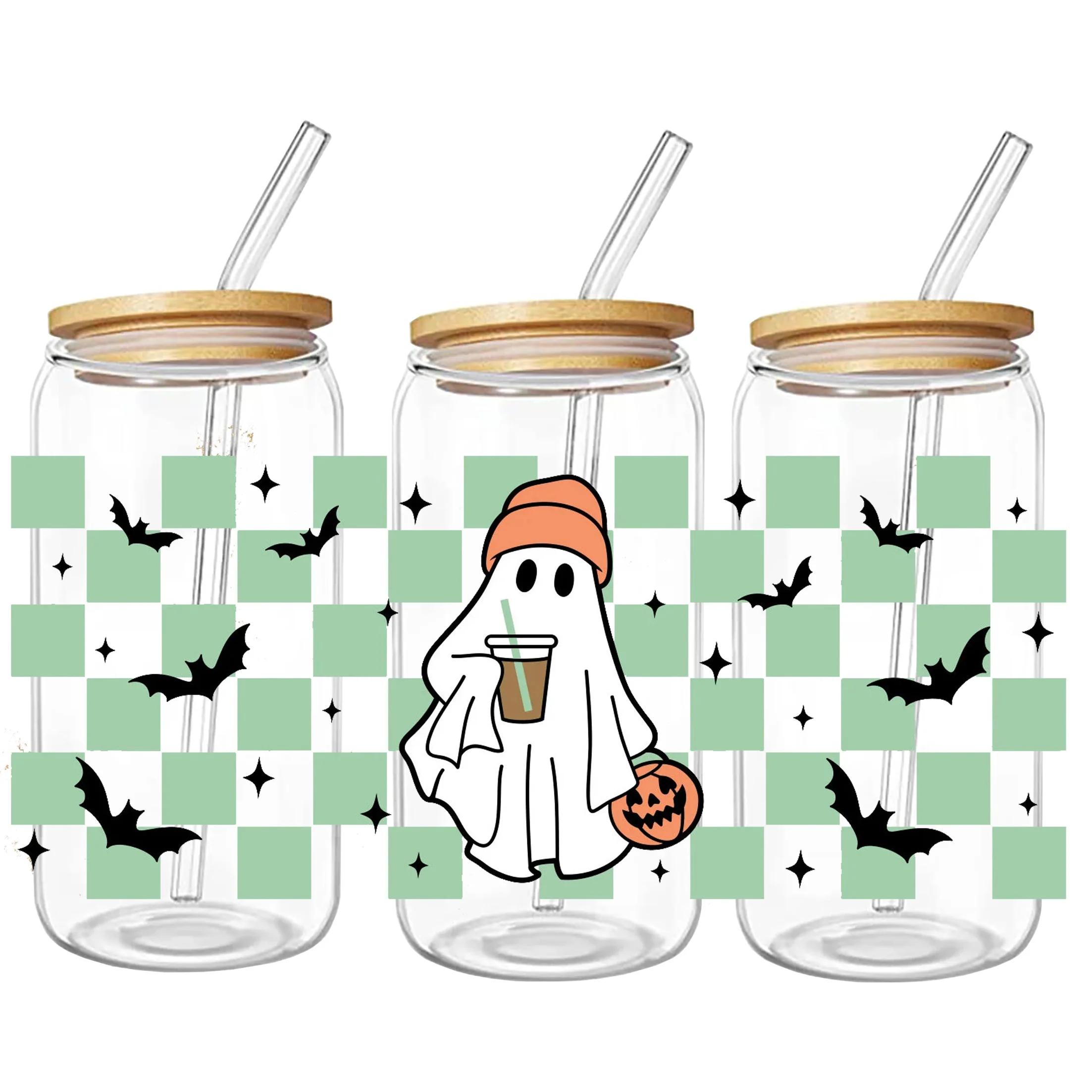 Factory Price Wholesale Low Moq Custom halloween ghost boo UV DTF Libby Cup Wraps Transfers 16oz High Quality Printing