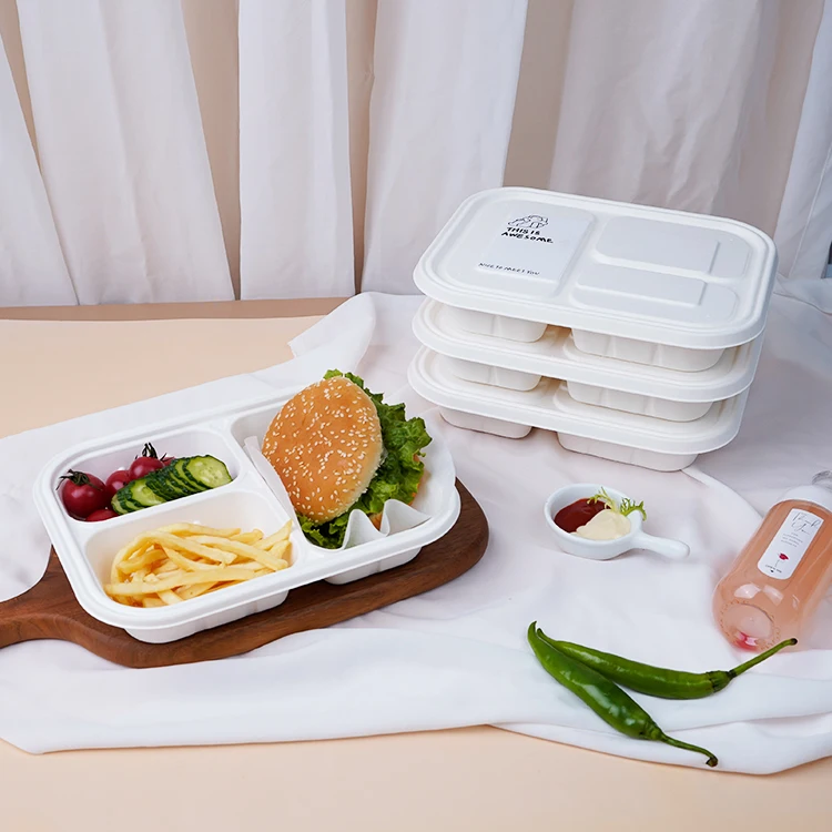 High Quality Degradable Friendly Fire chicken Bento Lunch Box Clamshell 3 Compartment Disposable Fast Food Container For Selling