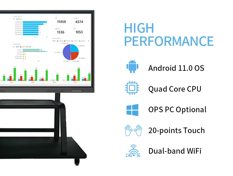 oem size 65 85 110 inch movable mobile school display android win10 interactive electronic whiteboard for Educational Conference