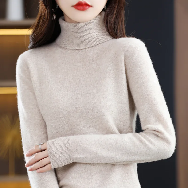 factory custom Pure wool turtleneck sweater winter new female high-neck pullover solid color woolen knit sweater women