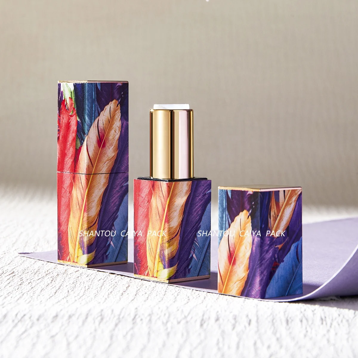 CAIYA Custom 3D Print Feather Pattern 12.1mm Empty Plastic Magnetic Lip Balm Tube Square Chapstick Lipstick Container Packaging