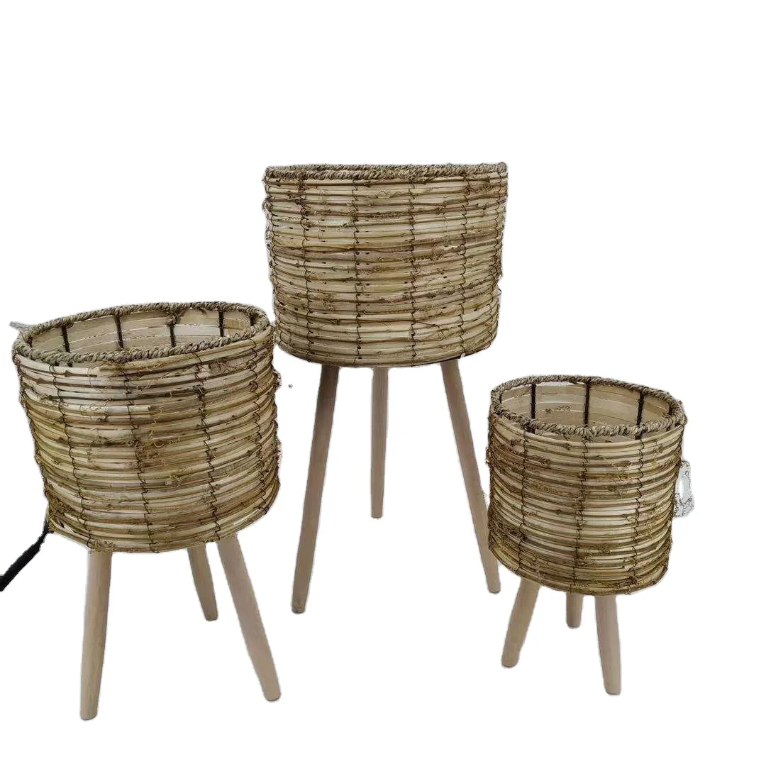Garden Ribbed Plant Flower Pot Display Wood 3 Set Stand Planter With Basket