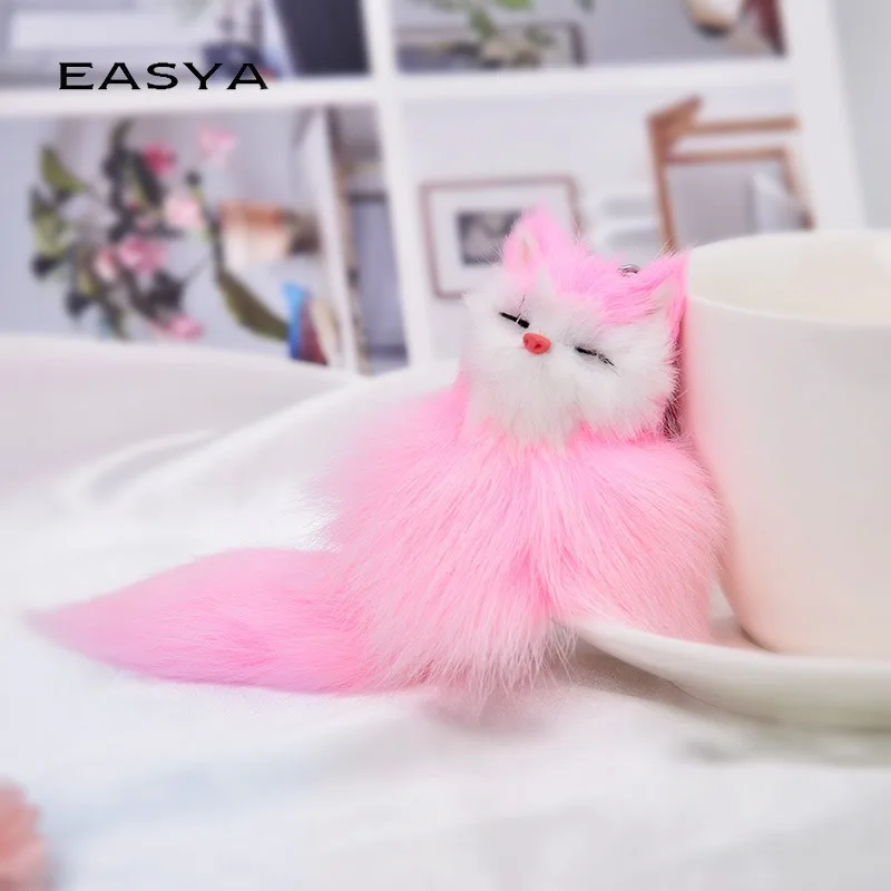 Cute Fox Plush Fluffy Metal PU Animal Keychain Car Holder Backpack Pendant Keyring Trinket Gift Women Girls Keychain Accessories