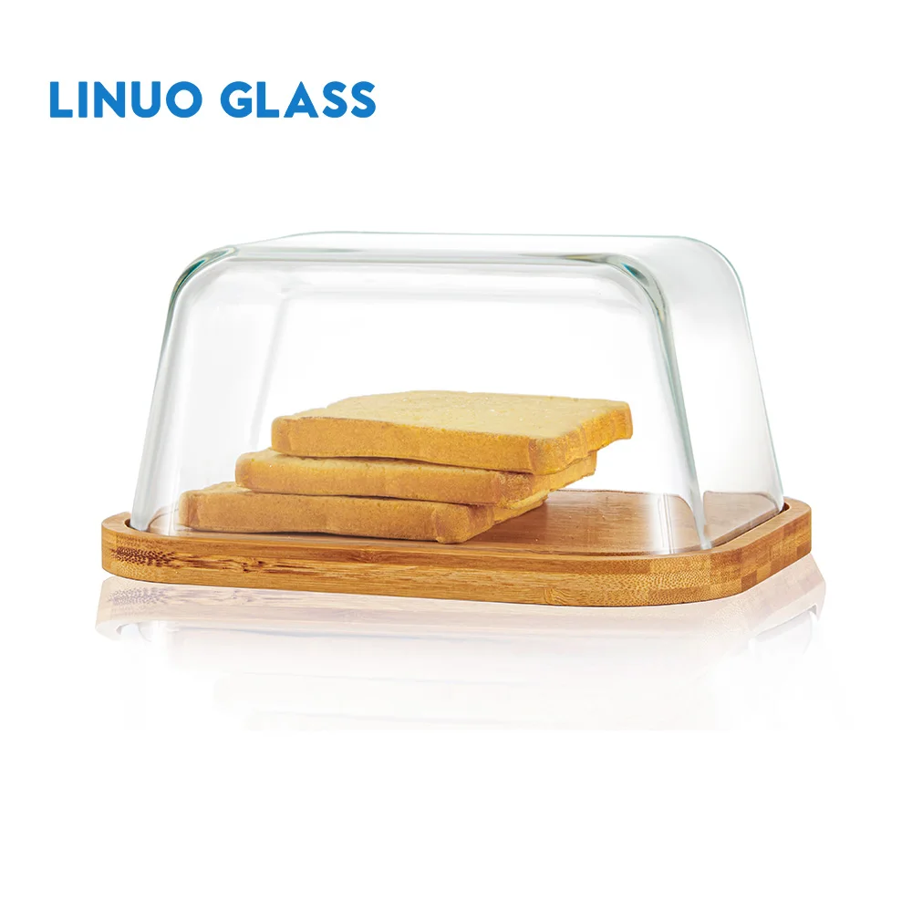 Linuo Glass Bamboo Dish Butter Storage And Cutting Box For Counter Top And Refrigerator