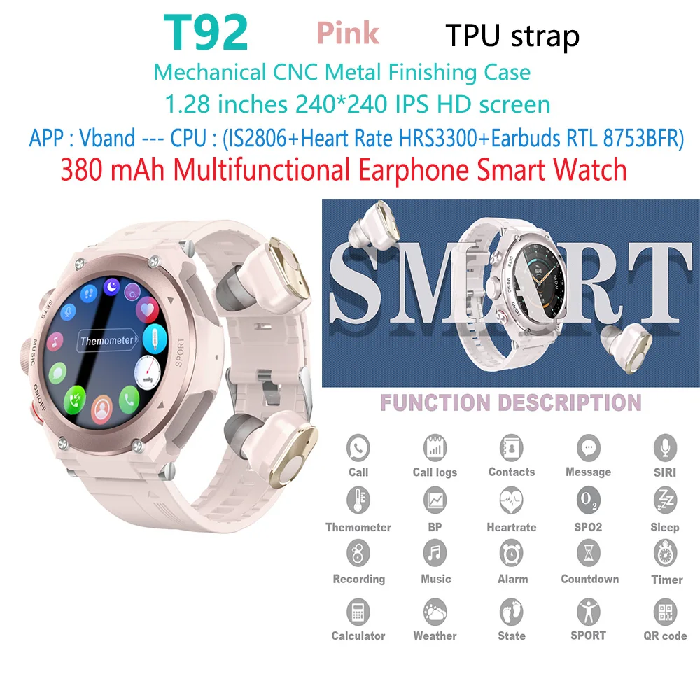 T92 Smart Watches  Built-in Wireless Earbuds Speaker with Earbuds MP3 music play Headset 3 in 1 Smartwatch