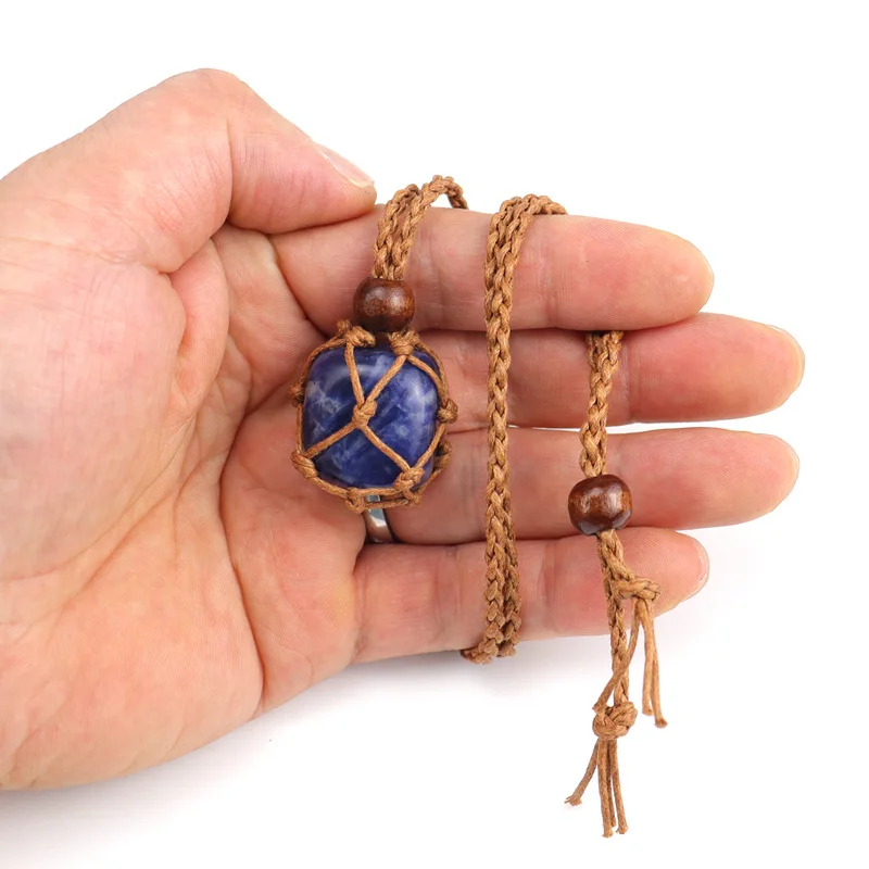 Handmade Hemp Rope Necklace with Pure Natural Stone Crystal Stand Geometric Pattern Vintage Boho Style Hand Woven Lace