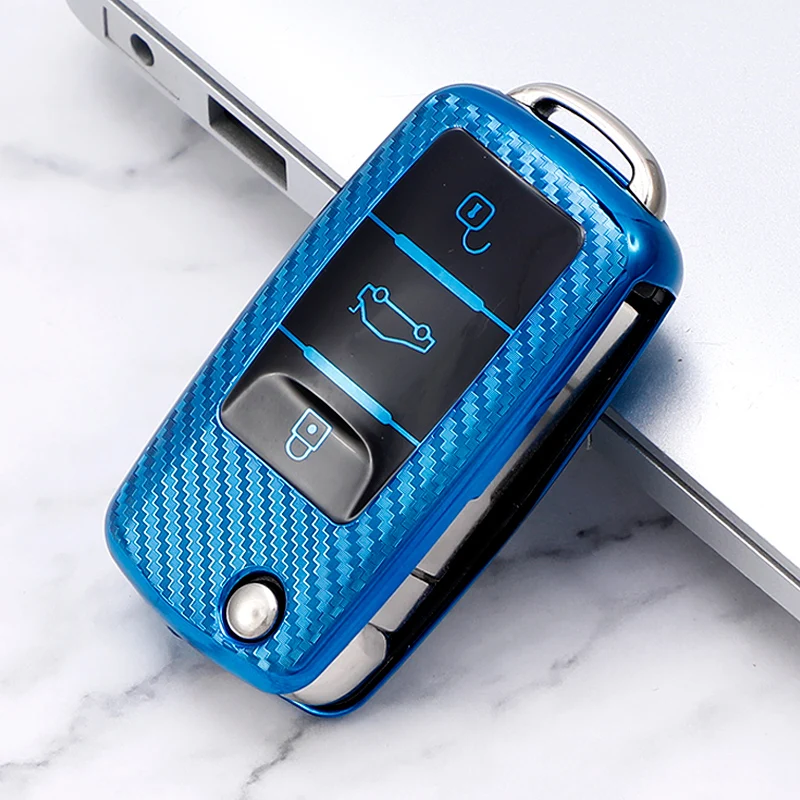 Carbon fiber car key protection Cover fit for Volkswagen Flip Key Fob Case for VW Jetta Passat Golf Beetle Rabbit Car Key Holder
