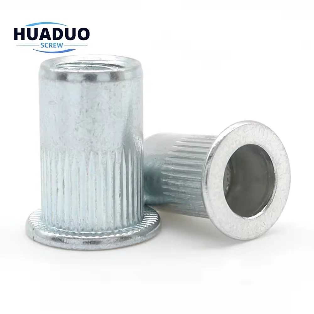 Hot Sale Blue White Zinc M8 M10 Flat Head Rivet Nut Knurled Body Carbon Steel Zinc M10 Insert Nut With Strip