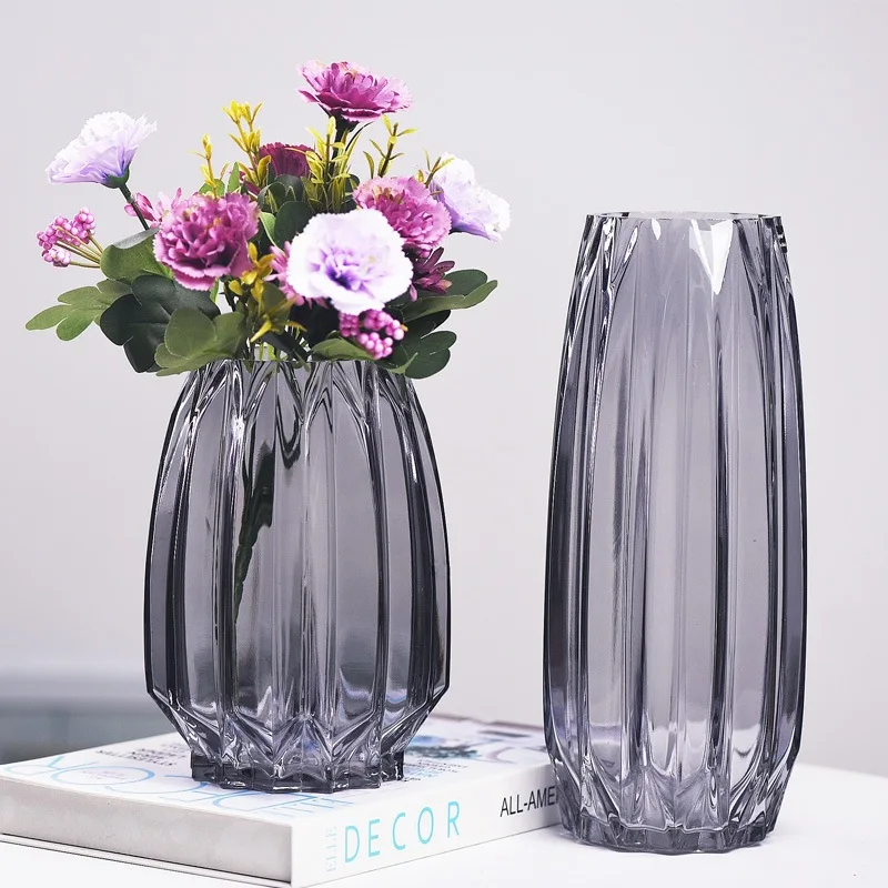 Nordic simple smoke gray transparent glass vase hydroponic Dracaena sanderiana flowerpot dry flower arrangement decoration