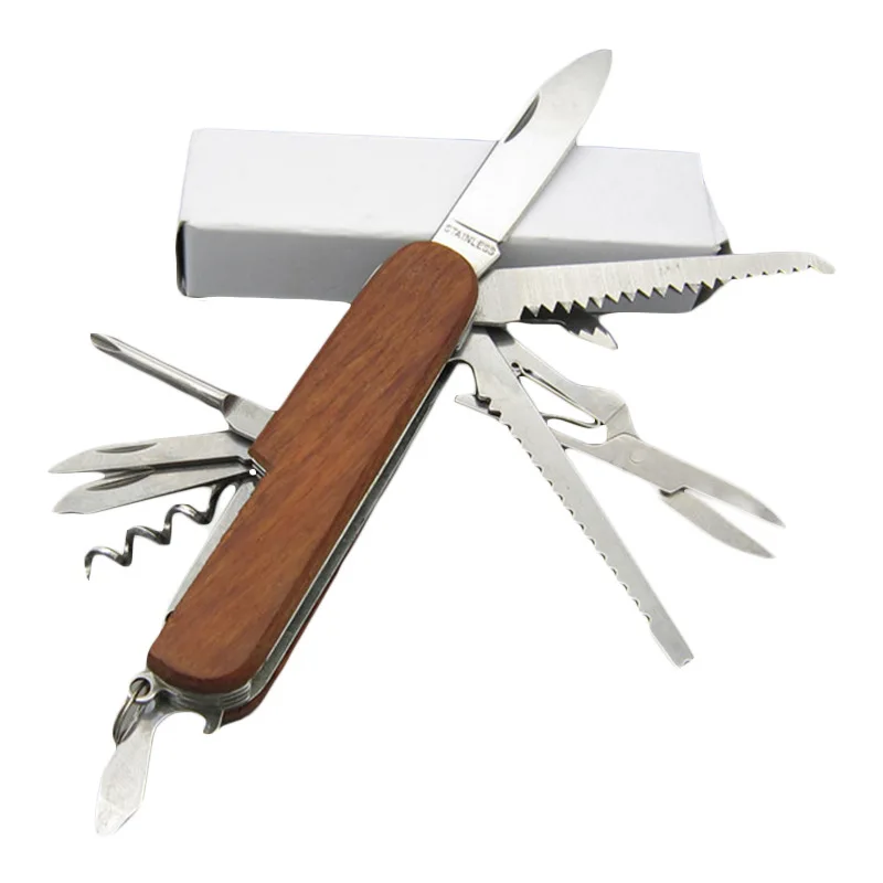 Stainless Steel pocket folding knife with wooden handle for 11 function tools