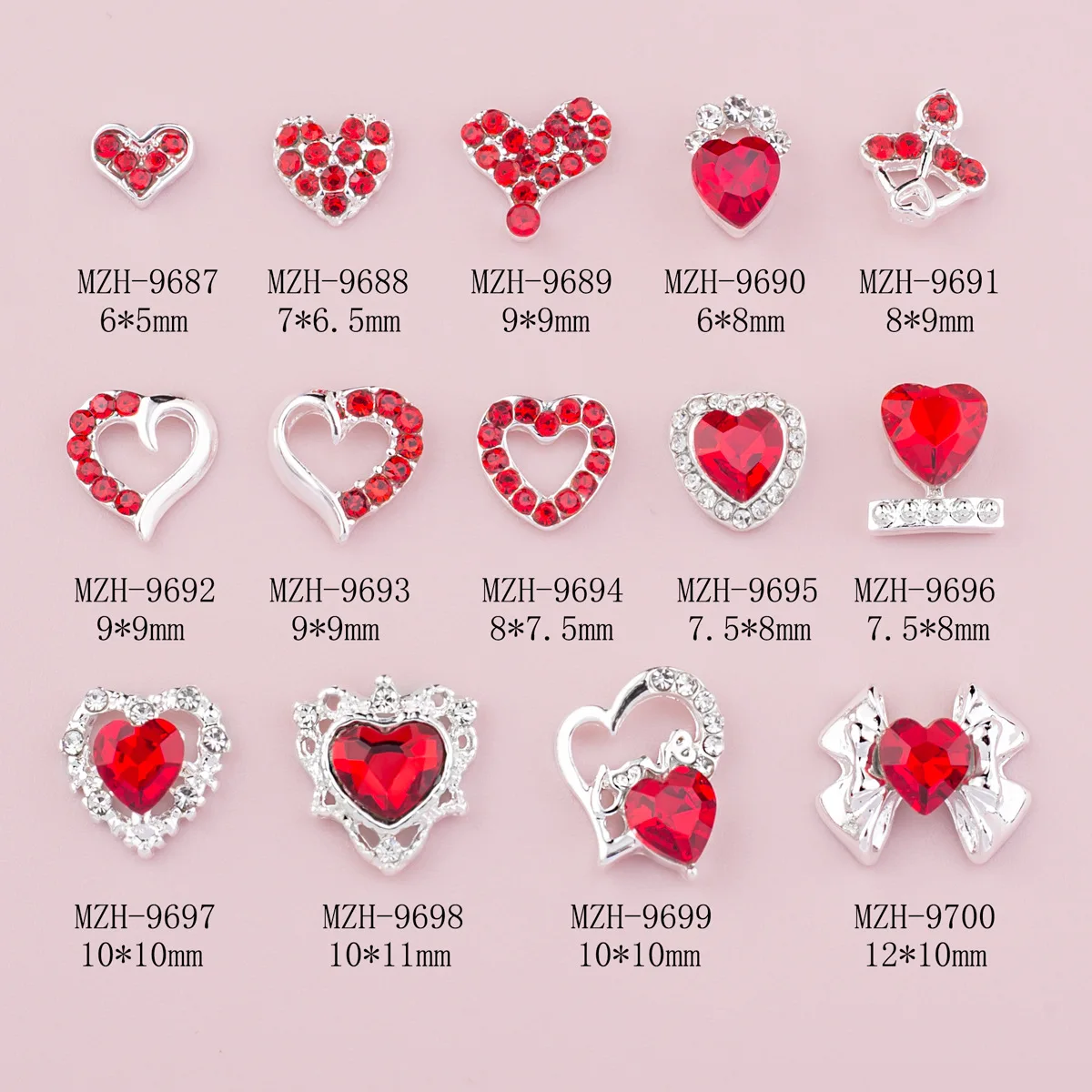 TSZS Best Sale 3D New Heart Love Shape Red DIY Diamond Rhinestone Valentines Nail Charms Silver Metal Red Heart Nail Charms