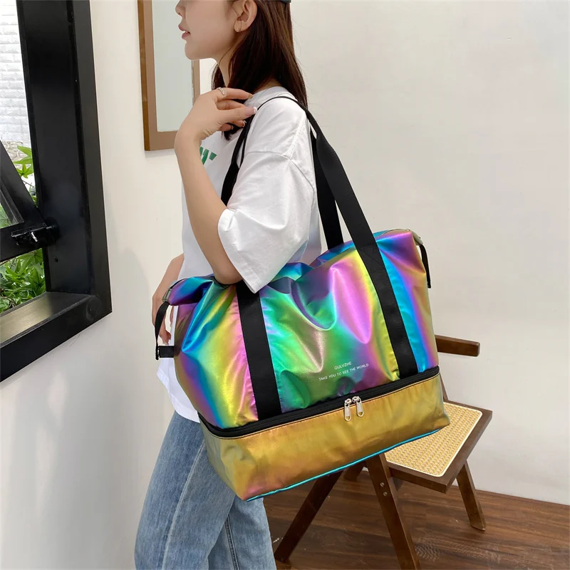 Pearlescent Color Wet Dry Separation Short Trip Carryall Yoga Gym Duffel Travel Weekender Bag With Independent Shoe Warehouse