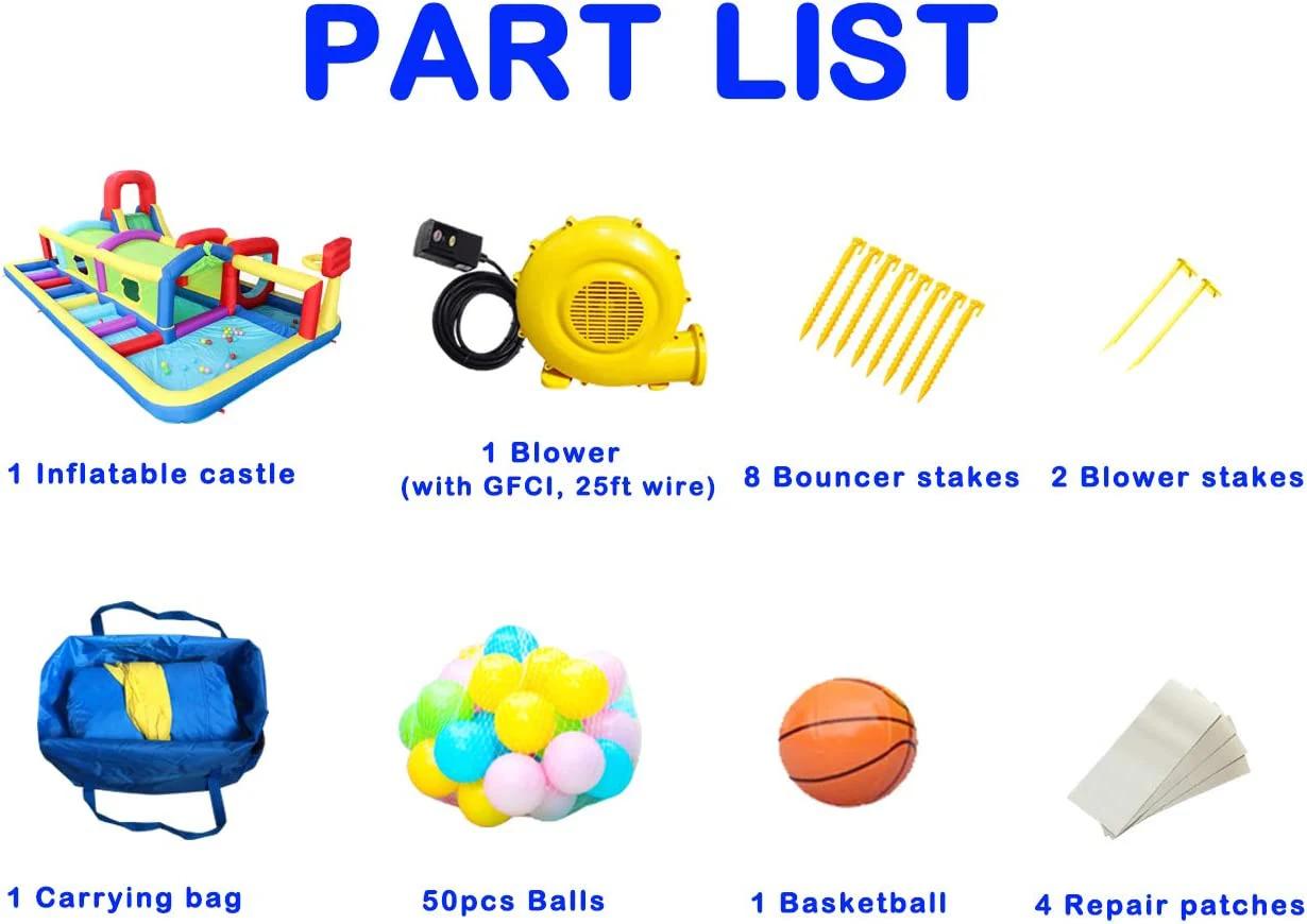 Inflatable Slide Bounce House and Wave Pool, Basketball Rim, Long Tunnel With Blower