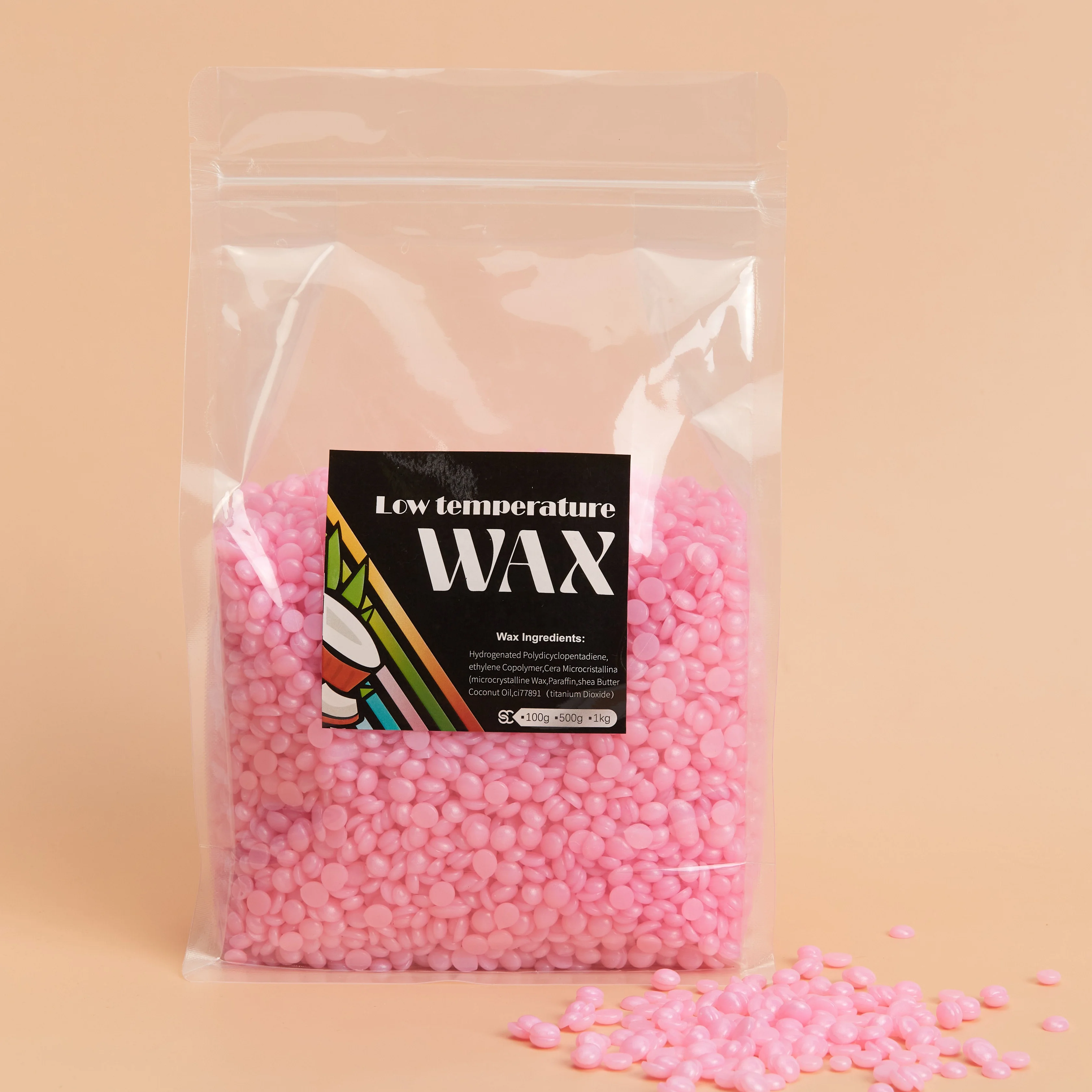 Professional private label 1kg glitter shiny pink Rosin Free Hypoallergenic Hair Removal Coconut Hard Wax Beads Body Waxing