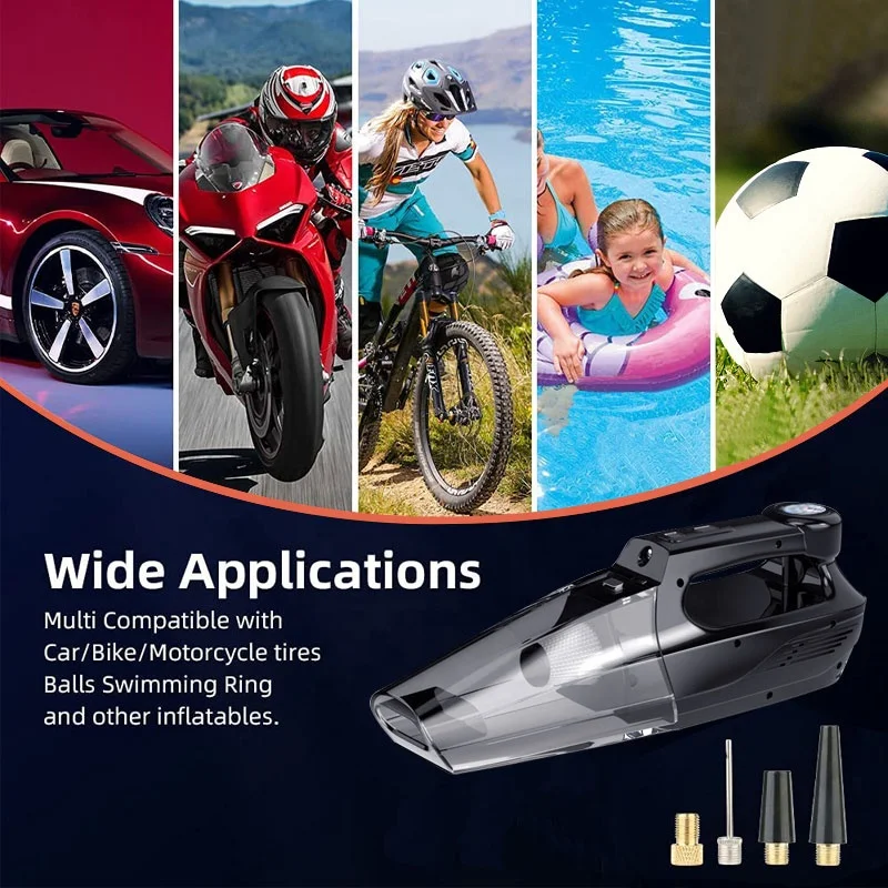 Car Vacuum Cleaner 4-in-1 Tire Inflator Portable Air Compressor with Tire Pressure Gauge LED Light 12 DC Corded Handheld Vacuum