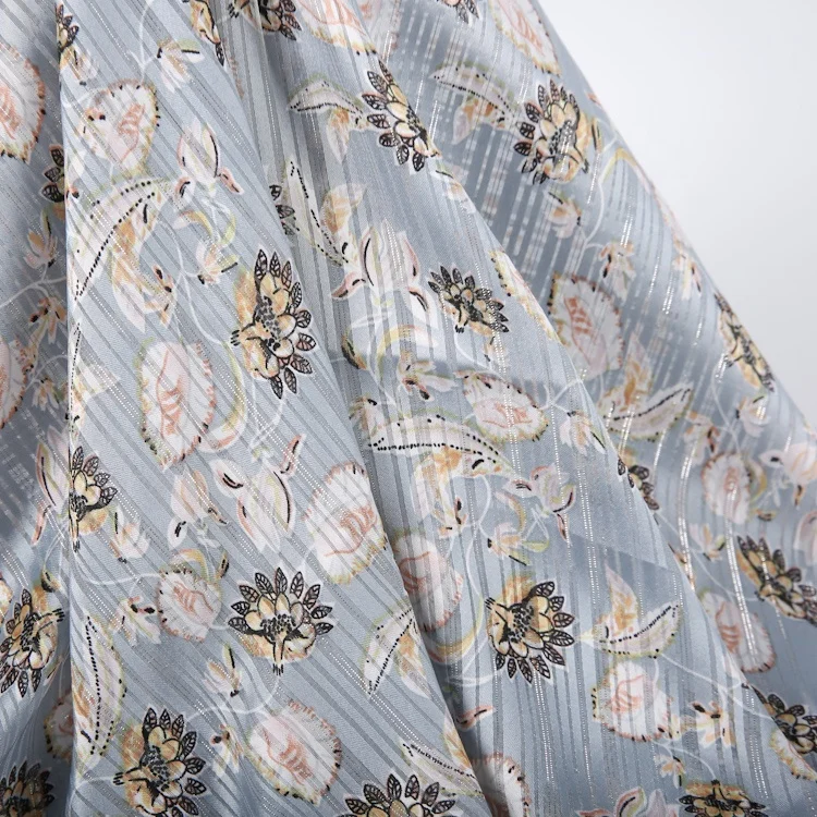 Polyester floral printed silver lurex glitter crinkle crepe chiffon fabric for women dress korean textile wholesale