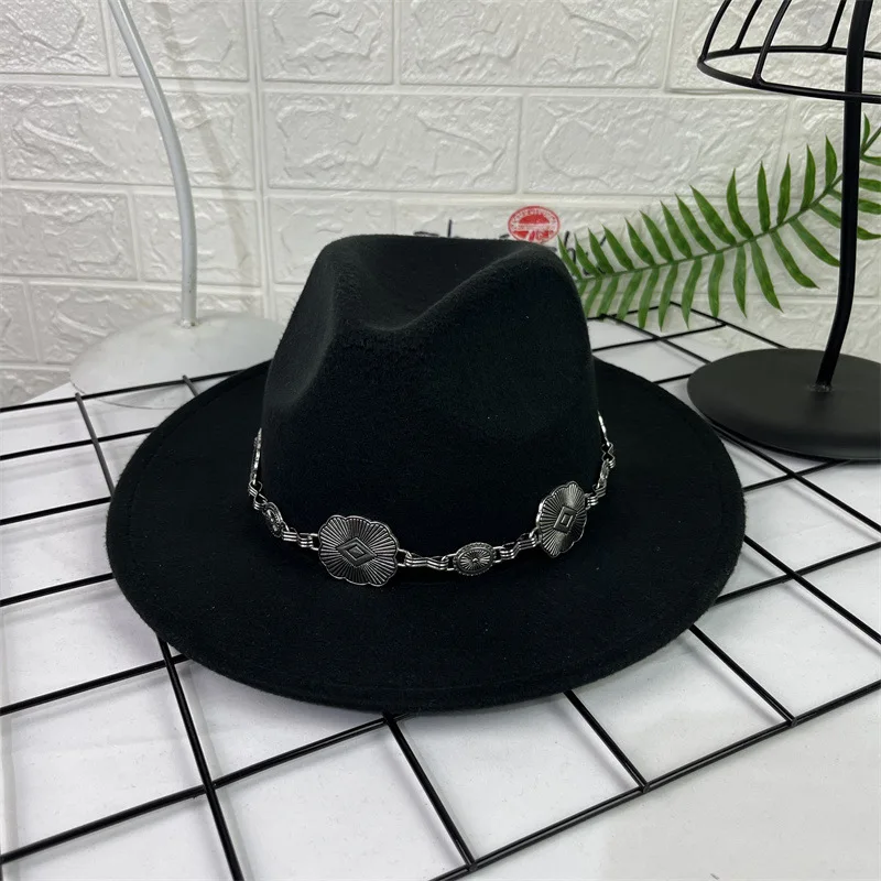 Panama Vintage Jazz Hat Silver Square Chain Gentleman Hat Flat Brim Woolen Hat