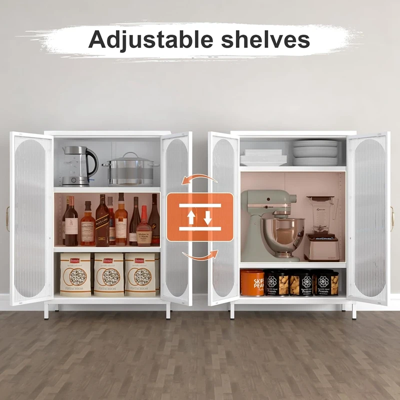 White 2 arched glass door living room kitchen metal sideboard storage cabinet with adjustable shelf