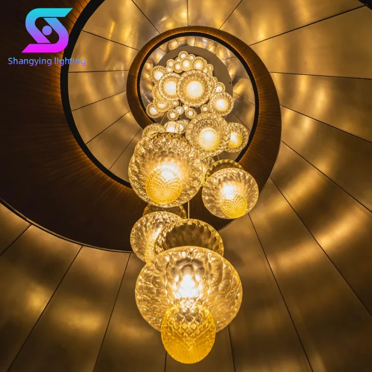 Modern White Transparent Glass Pendant Light AC Power Iron Home Hotel Staircase OEM ODM Project Blown Glass Chandelier Lamp