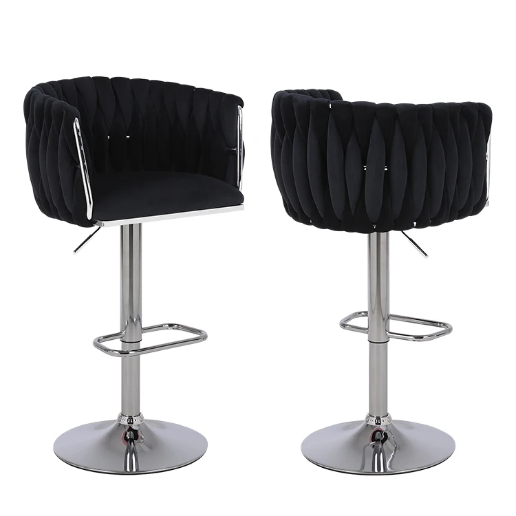 Minimalist Swivel Adjustable Cafe Furniture High Middle Back Armrest  Velvet hand made Bar Stool Chair With Chrome Base