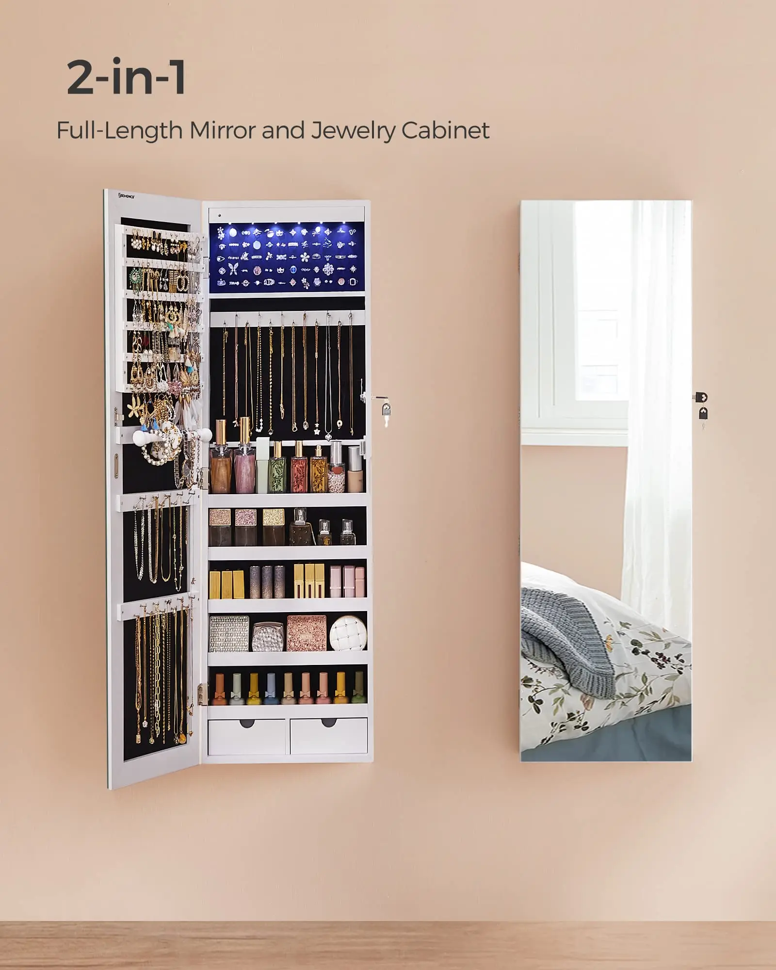 Nicetree Large Capacity Lockable Jewelry Armoire Organizer 6 LEDs Mirror Jewelry Cabinet White Wall Mounted Mirror Storage