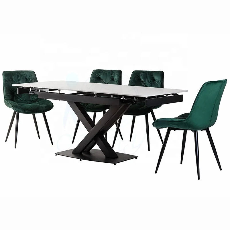 OKAY Furniture Italian Minimalism Black Powder Coated Painting Extension slide panel Marble Colored Ceramic Dining Table Modern
