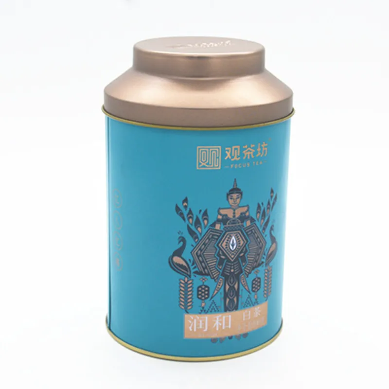 chinese tea canister round luxury gold vintage metal tea tin with double lid loose tea caddy tin