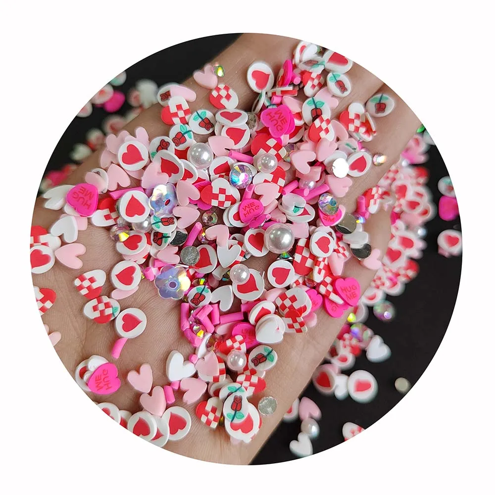 500g Valentines Love Heart Polymer Clay Sprinkles Pink Red Love Heart Clay Slices Beads for Nails Decor Slime Accessories