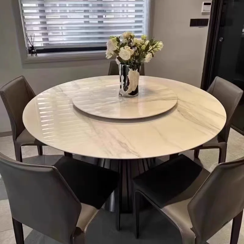 Modern Light Luxury Minimalist Round Rock Board Dining Table Stainless Steel Round Table with Turntable