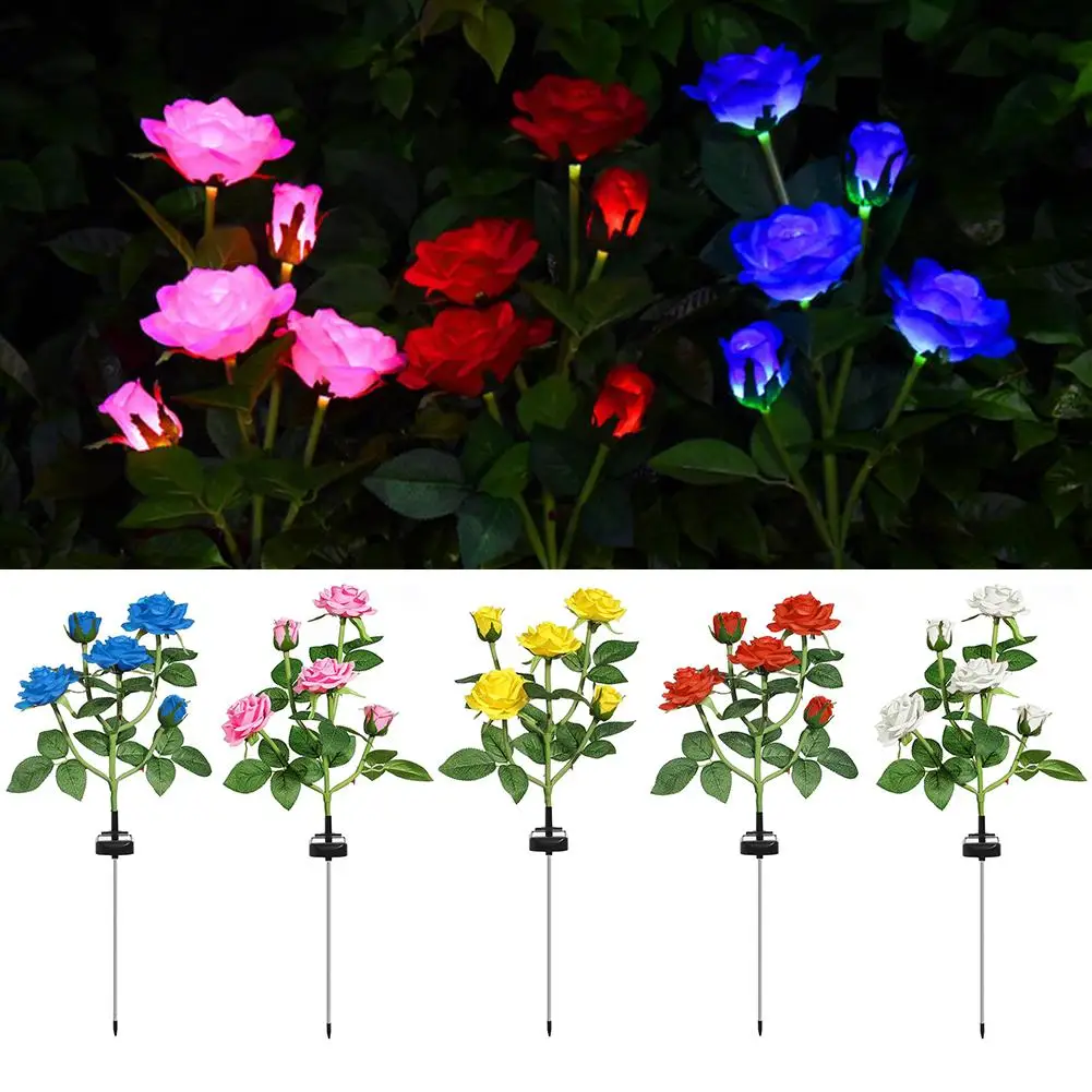 3-7 Head LED Solar Simulation Rose Flower Solar LED Light Garden Yard Lawn Night Lamp Landscape Garden Home Decoration Flowers L