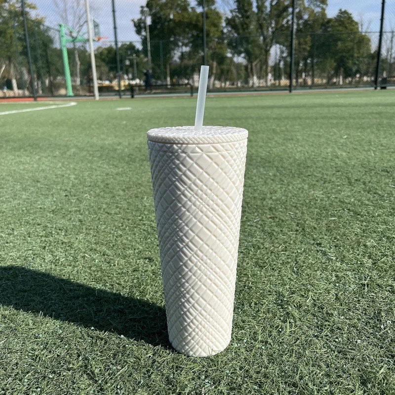 Portable Rivet Plastic Grid Studded Tumbler Durian Drinking Cup with Lid and Straw
