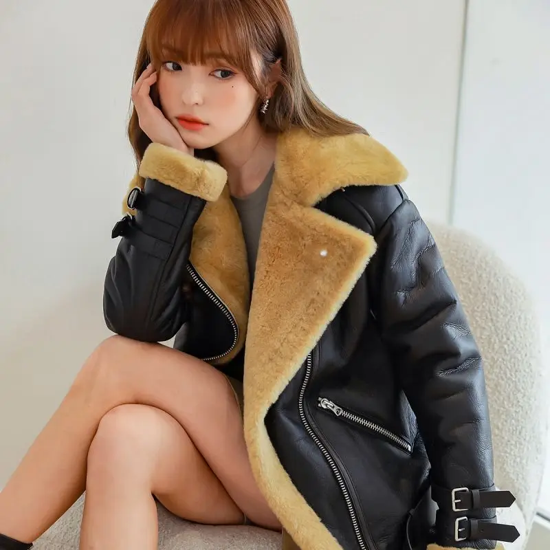 Camel Color Sheepskin Shearling Coat ,Lamb Skin real woman leather coat  italian leather genuine fur coats with cuffs