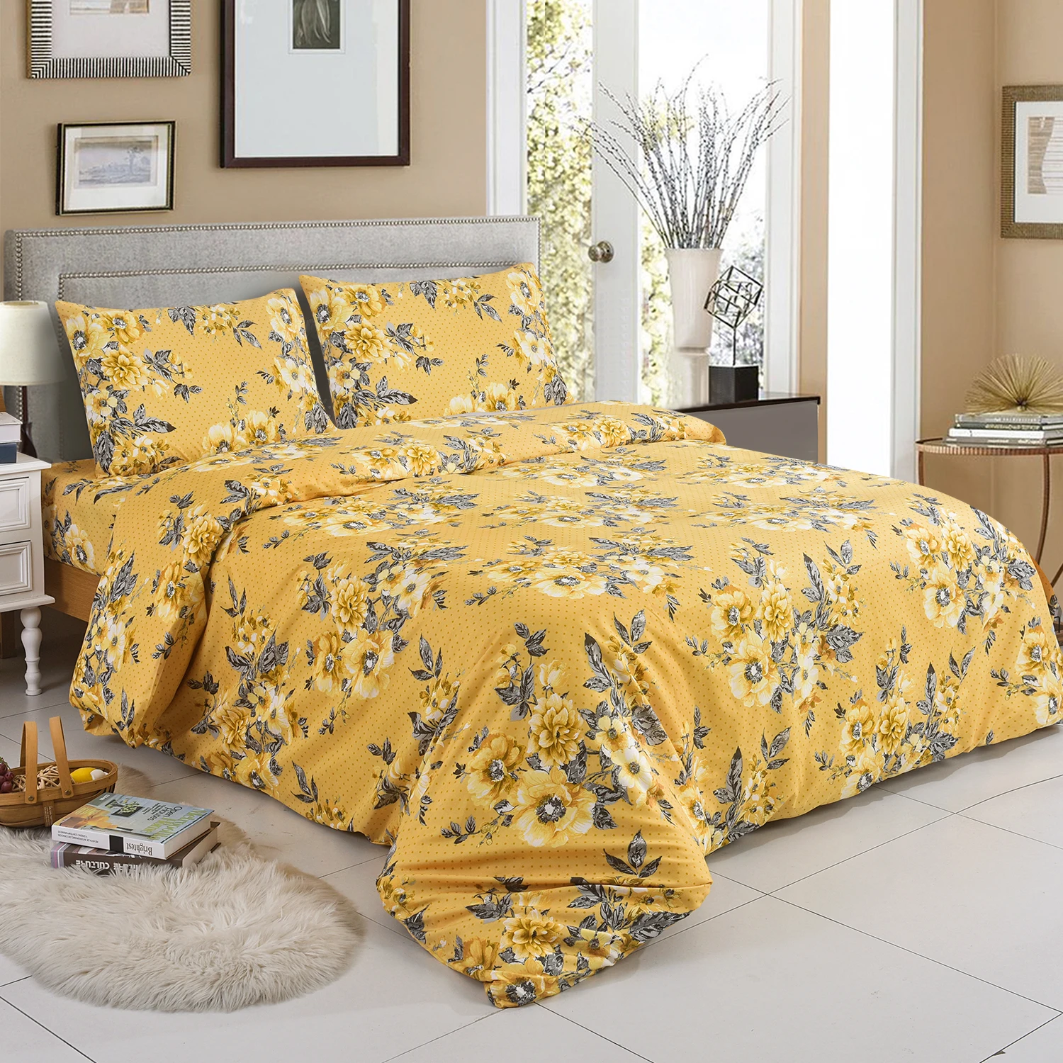 Hot Sale Brushed Cotton 4PCS Bedding Set Printed King Size Duvet Cover Bed Sheet Bedding Set