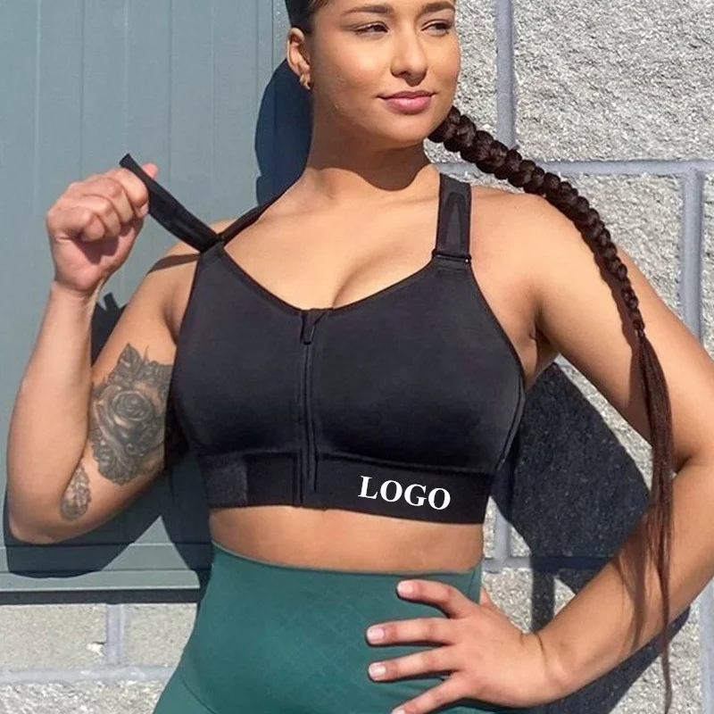 Plus Size Yoga Wear Ladies S to 5XL Zipper Front Padded Breathable Adjustable Gym Vest Fitness Wear Sports Bras for Women