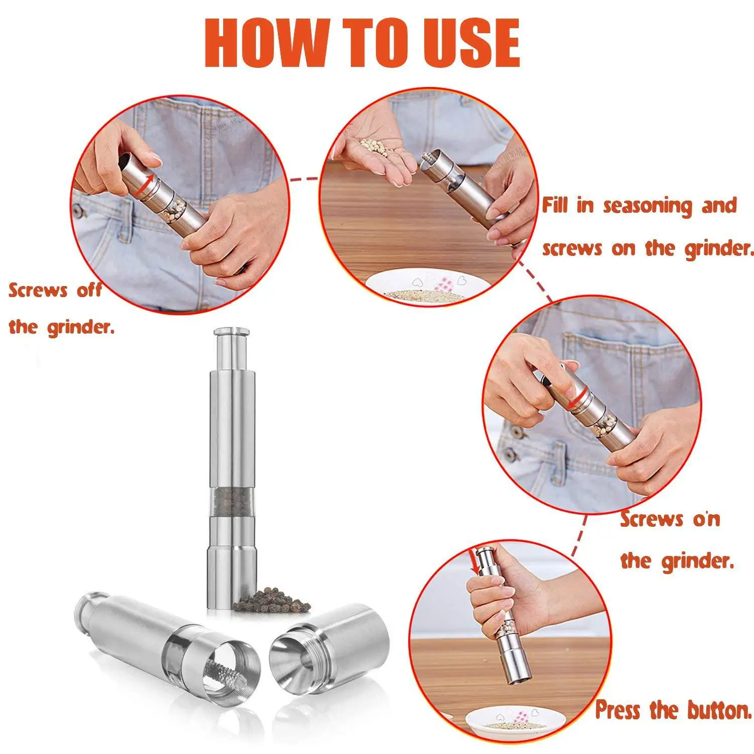 Hot Sale Stainless Steel  Press pepper grinder multi-purpose grinder Thumb Push Salt Pepper Spice Grinder Mill