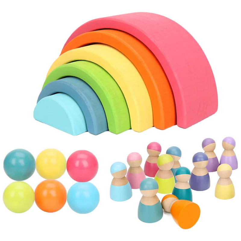  Xiair Rainbow Blocks Wooden Building Educational Toys Stacker For Baby Toddler Montessori