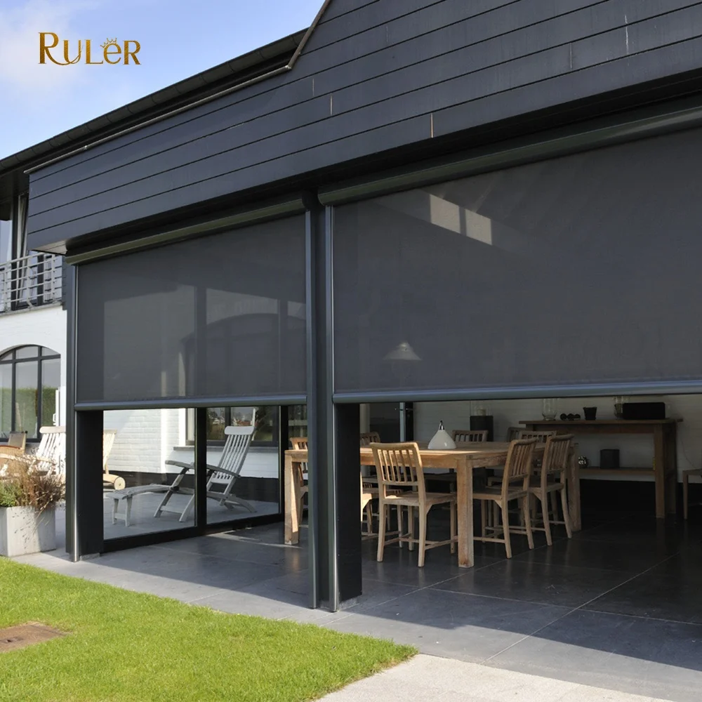  Customized Outdoor aluminum Sunshades Vertical drop awning PVC fabric Electric windproof roller blind