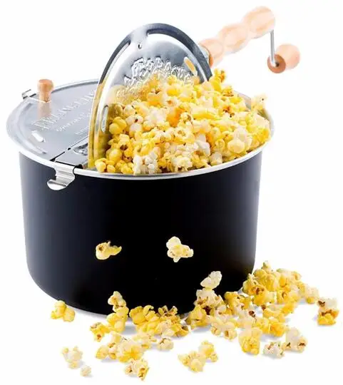  Stovetop Popcorn Maker Pop Popper Hand Stirring Crank Cooker Kettle Removable Lid w/Wooden